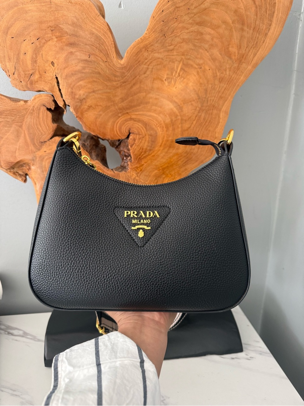 Inspo Black Leather Shoulder Bag with Gold Hardware